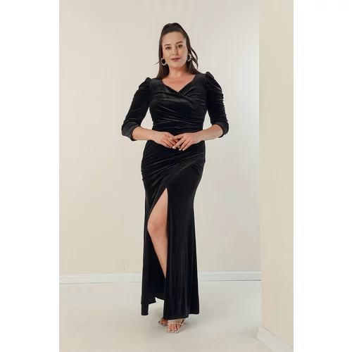 By Saygı Plus Size Velvet Long Dress With Double Breasted Collar Front Draped