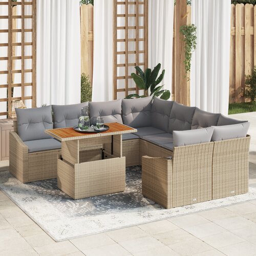 VidaXL Set od 9 komada za objedovanje u vrtu s jastucima, bež poli ratan acacia Slike
