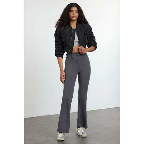 Trendyol Anthracite Ribbed Detail High Waist Flare/Flare Trousers