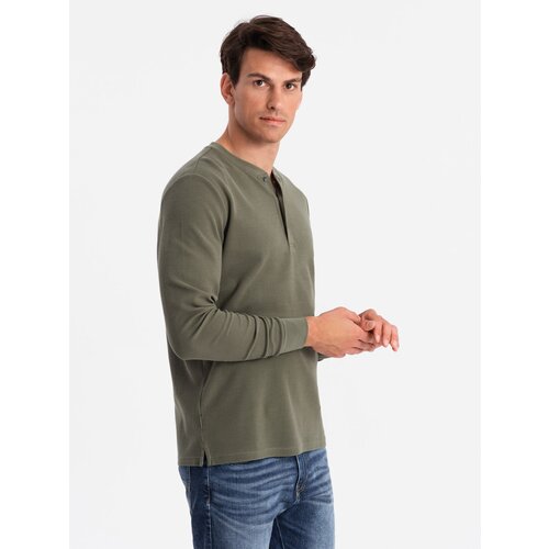 Ombre Button-up neck men's waffle knit longsleeve - olive Cene