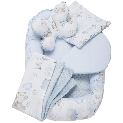 Medi Partners Cocoon in a 5-piece set (cocoon / insert / butterfly pillow / flat pillow / quilt 75x55) – Deer and hedgehog + light blue Minky Cene