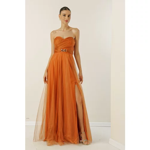 By Saygı Strapless, Buckled Waist, Draped and Lined Long Tulle Dress