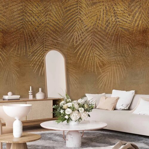  Foto tapeta - Abstract nature in beige - composition with golden exotic leaves 200x140 Cijene