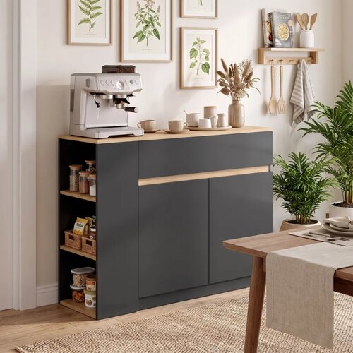  Komoda bife veliki pretinac za ormar polica na 3 razine ladica crna 110 x 29 5 x 82 cm Slike