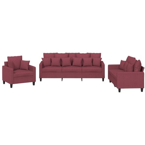  3-dijelni set sofa s jastucima crvena boja vina od tkanine Slike