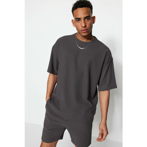 Trendyol Limited Edition Smoked Men's Oversize Crew Neck Short Sleeve Textured Ottoman T-Shirt
