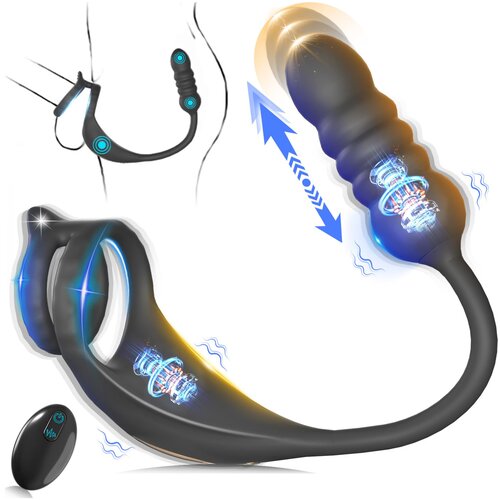 SuperLove Dual Vibrating Cock Ring &amp;amp; Thrusting Prostate Massager Anal Lock with Remote Black Slike
