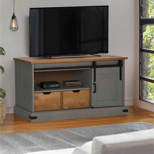 VidaXL TV omarica HALDEN z drsnimi vrati sive 110x40x60 cm masivni les Slike
