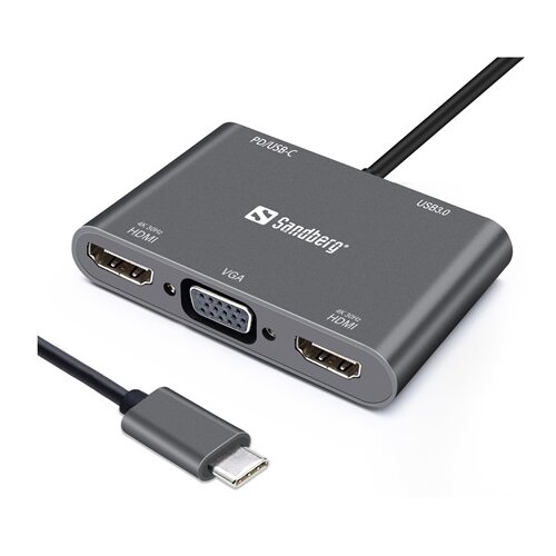 Sandberg 136-35 priključna stanica i replikator porta za prijenosno računalo Žičano USB 3.2 Gen 1 (3.1 Gen 1) Type-C Sivo Cene