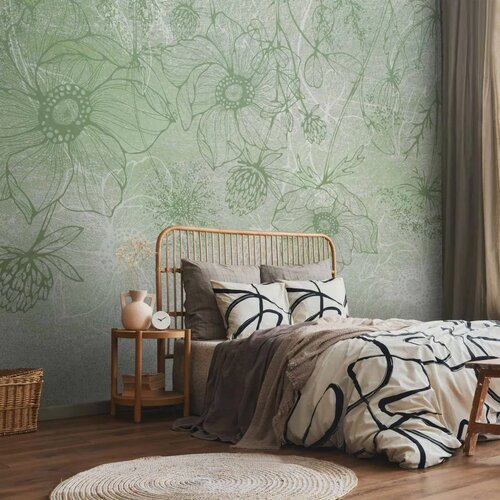  Foto tapeta - Flowery meadow - nature with field flowers lineart on green background 100x70 Slike