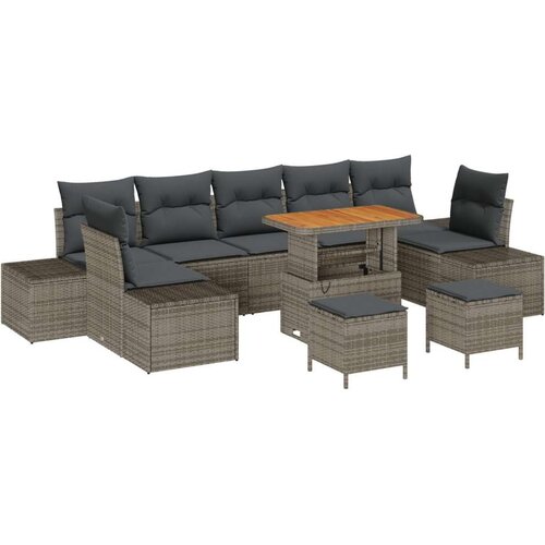  10-dijelni vrtni kauč set s jastučićima Sivi Poliratan Akacija  2-sjedni vrtni kauč s jastučićima Sivi Poliratan  Vrtna garnitur Cijene
