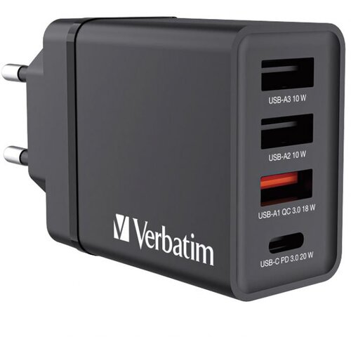  PUNJAČ ZA MOBILNE UREĐAJE ZIDNI 1XUSB-C/PD 20W/1XUSB-A QC 3.0/2XUSB-A 10W VERBATIM 49700 CRNI Slike
