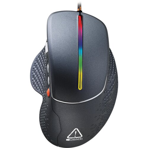 Canyon Wired High-end Gaming Mouse with 6 programmable buttons, sunplus optical sensor, 6 levels of DPI and up to 6400, 2 million times key life, 1.65m Braided USB cable,Matt UV coating surface and RGB lights with 7 LED flowing mode, size:123*81*53mm, 150g Slike