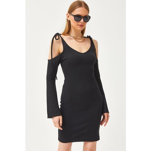 Olalook women's Black Strap Tied Spanish Sleeve Waffle Dress Cene