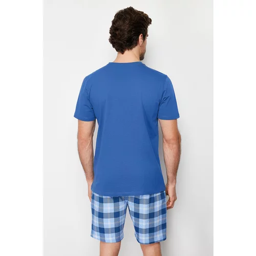 Trendyol Men's Indigo Plaid Regular Fit Knitted Pajamas Set