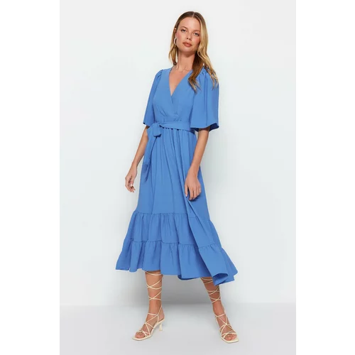 Trendyol Indigo Belted Woven Double Breasted Collar Back Detailed Midi Woven Dress