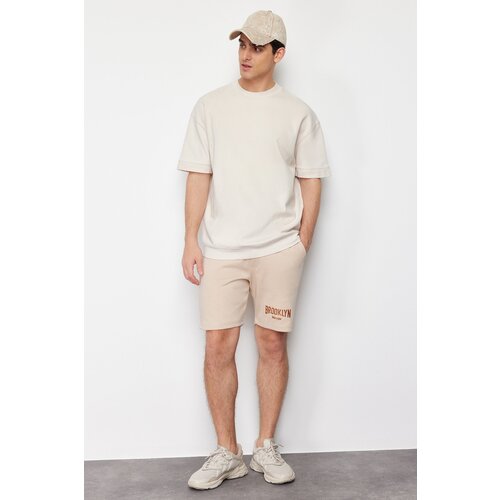 Trendyol Stone Regular/Normal Fit Brooklyn-City Embroidered Full Fabric Elastic Waist Shorts Cene