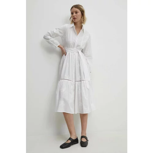 Answear Lab Pamučna haljina boja: bijela, midi, širi se prema dolje