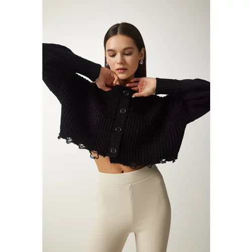 Happiness İstanbul Women's Black Ripped Detailed Buttoned Crop Knitwear Cardigan