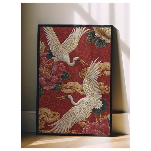 Wallxpert uramljena slika 115248, beli ždralovi i crveni božuri na crvenoj pozadini, 50 x 70 cm, crni ram Cene