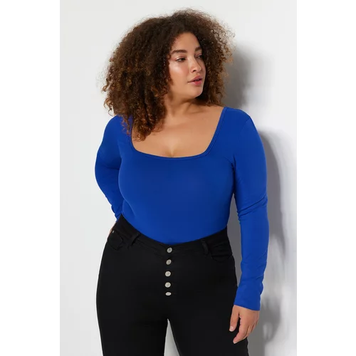 Trendyol Curve Blue Square Collar Additional Features Not Available, Single Jersey Plus Size Bodycon.