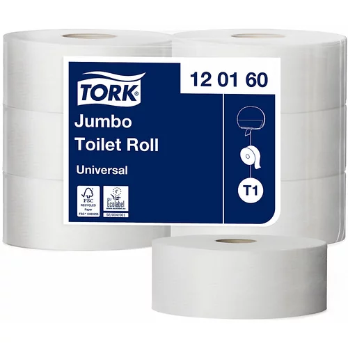 TORK Toaletni papir jumbo, industrijski zvitek, standard tissue, 1-slojna izvedba, bele barve, DE 6 zvitkov, od 1 DE