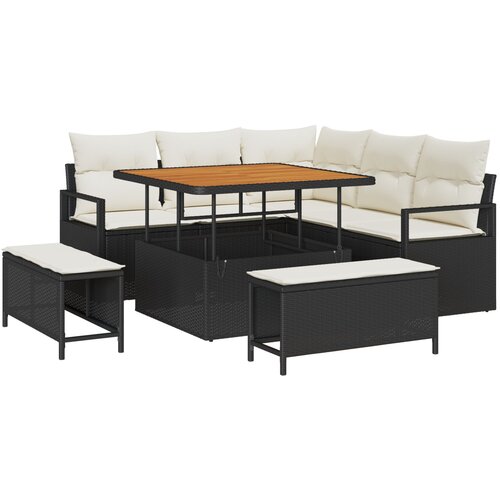 VidaXL 8-dijelni set sofe za vrt s jastučićima crni poli ratan akacija, 2-sjedna sofa za vrt s jastučićima crni poli ratan, 3-dijelni set za blagovanje u vrtu s jastučićima crni poli ratan akacija Slike