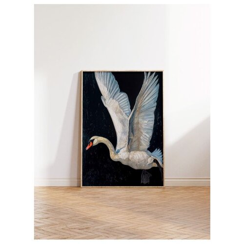 Wallxpert uramljena slika 115243, beli labud raširenih krila na crnoj pozadini, 30 x 40 cm, ram u boji prirodnog drveta Cene