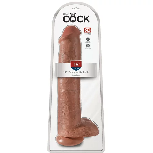 King Cock 15 - gigantski dildo s testisi (38 cm) - temno naraven