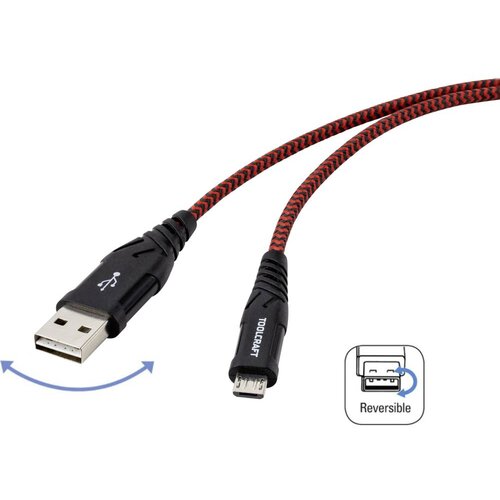 Toolcraft USB kabel USB 2.0 USB-A utikač, USB-C™ utikač 2.00 m crna/crvena izuzetno robusni opleteni štit, utikač primje Cijene