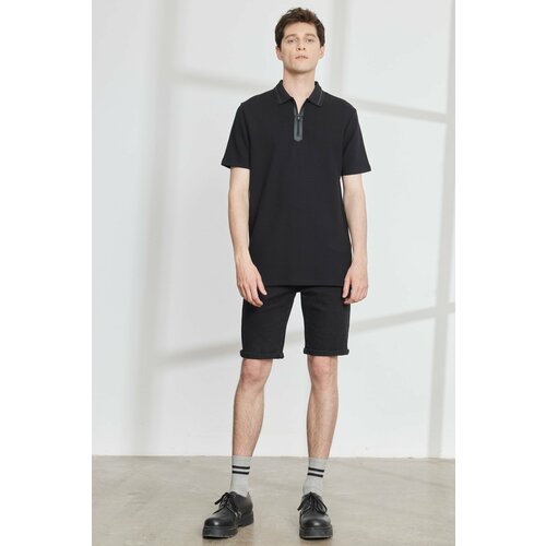 ALTINYILDIZ CLASSICS Men's Black Slim Fit Slim-fit, Zippered Polo Neck 100% Cotton Patterned Textured T-Shirt. Slike