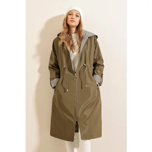 Bigdart 9091 Hooded Trench Coat with Pleats at the Waist - Khaki
