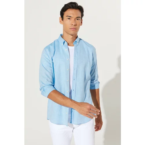 AC&Co / Altınyıldız Classics Men's Blue Slim Fit Slim Fit Button Down Collar Cotton Dobby Linen Shirt