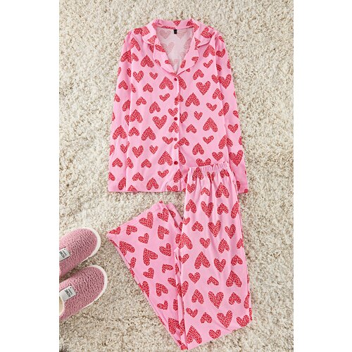 Trendyol Pink 100% Cotton Leopard Heart Patterned Shirt Pants Knitted Pajama Set Slike