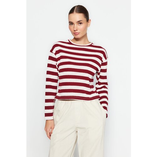 Trendyol Claret Red Striped Knitwear Look Crewneck Crop Top Slike