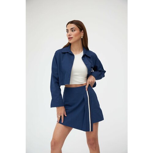 Laluvia Navy Blue Cotton Front Stripe Detailed Shirt-Shorts Skirt Set Cene