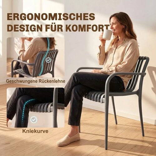  Set od 4 vrtne stolice koje se mogu slagati jedna na drugu s letvičastim naslonima za ruke ergonomske tamno sive Slike