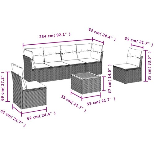  7-dijelni set vrtnih sofa od poliratana s jastucima crni Crna 62 x 62 x 69 cm Slike