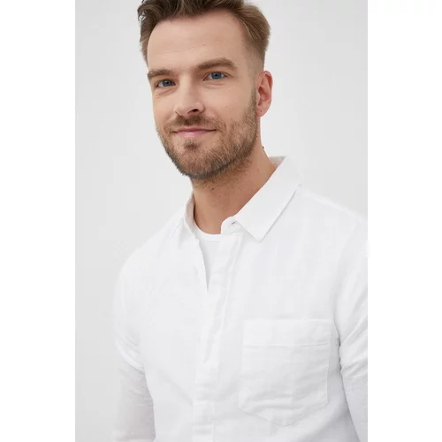 Calvin Klein Lanena košulja za muškarce, boja: bijela, slim, s klasičnim ovratnikom