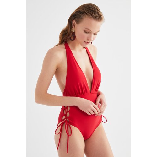 Trendyol Red Tie Detailed Deep V Neck Swimsuit Slike