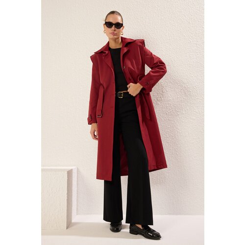 Trendyol Burgundy Belted Stitching Detail Regular Long Trench Coat Cene