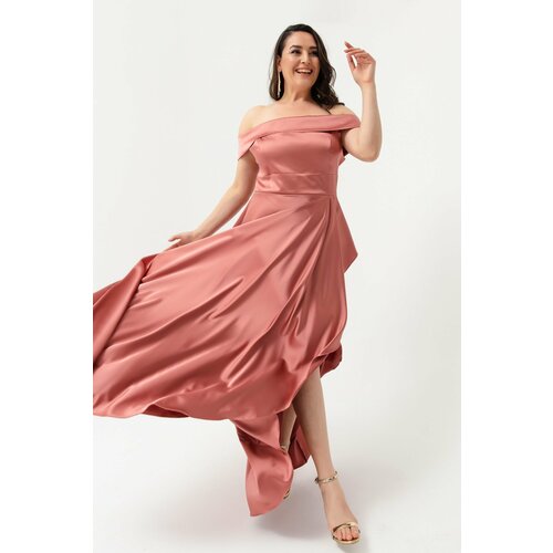 Lafaba Women's Salmon Boat Collar Plus Size Satin Evening Dress & Prom Dress Slike