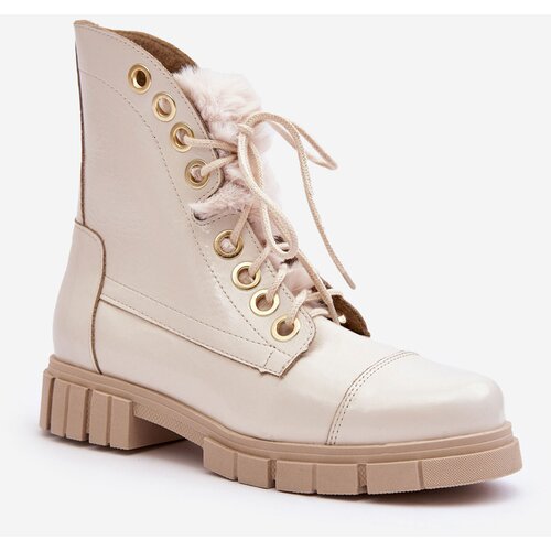 Kesi Women&amp;#039;s leather boots with fur, light beige Lewski 3296 Slike