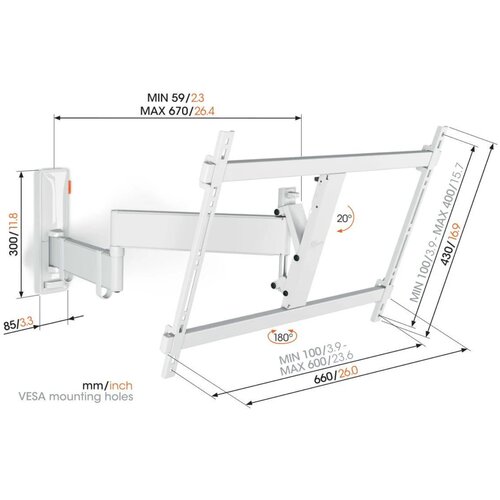 Vogels TVM 3645 W weiß TV-Wandhalterung 40-77", turn 180°, tilt 20° Vesa 600x400, max. 35 kg Cene