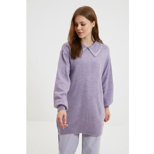 Trendyol lilac Polo Collar Pearl Detailed Knitwear Sweater Slike