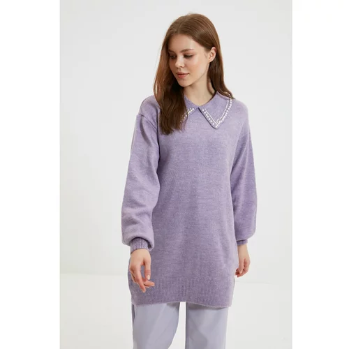 Trendyol Lilac Polo Collar Pearl Detailed Knitwear Sweater