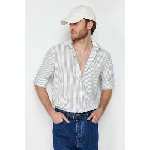 Trendyol Men's Navy Blue Limited Edition Regular Fit Linen Blended Striped Shirt Slike