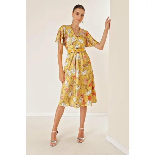 By Saygı Double-breasted Collar Waist with a Belt, Lined Floral Satin Dress Yellow
