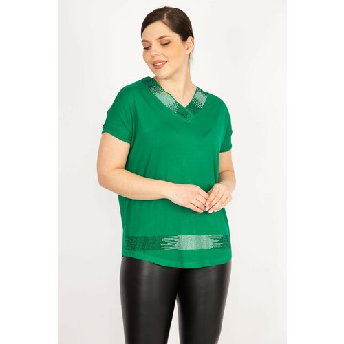 Şans Women's Green Plus Size Collar And Hem Stone Detailed V-Neck Blouse Slike