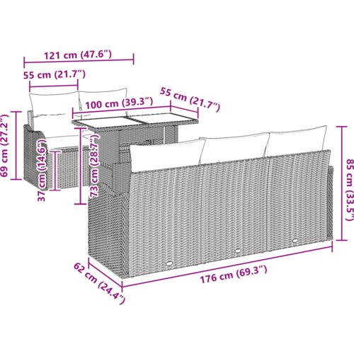 vidaXL 6-dijelni set sofe za vrt s jastučićima crni poliratan, 2-sjedala sofa za vrt s jastučićima crni poliratan Cijene